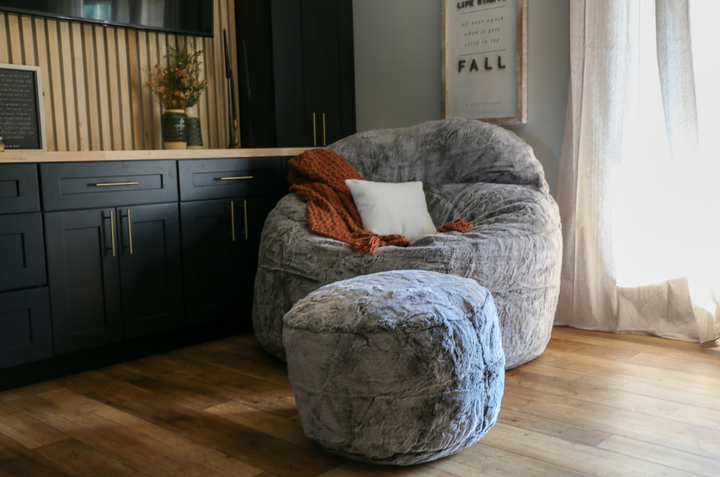 An image of a fully expanded CordaRoy's Bean Bag & Pouf in a living room.