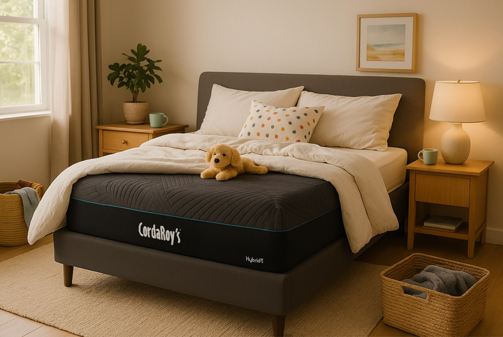 Cordaroys hybrid mattress in a bedroom with a stuffed animal on top. 