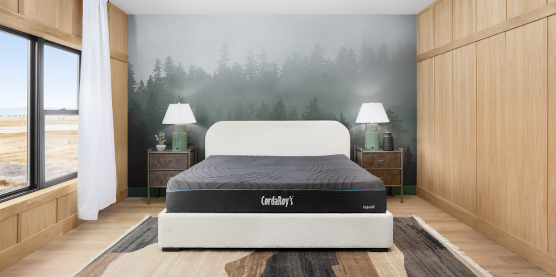 A cordaroys hybrid mattress in in a bedroom. 