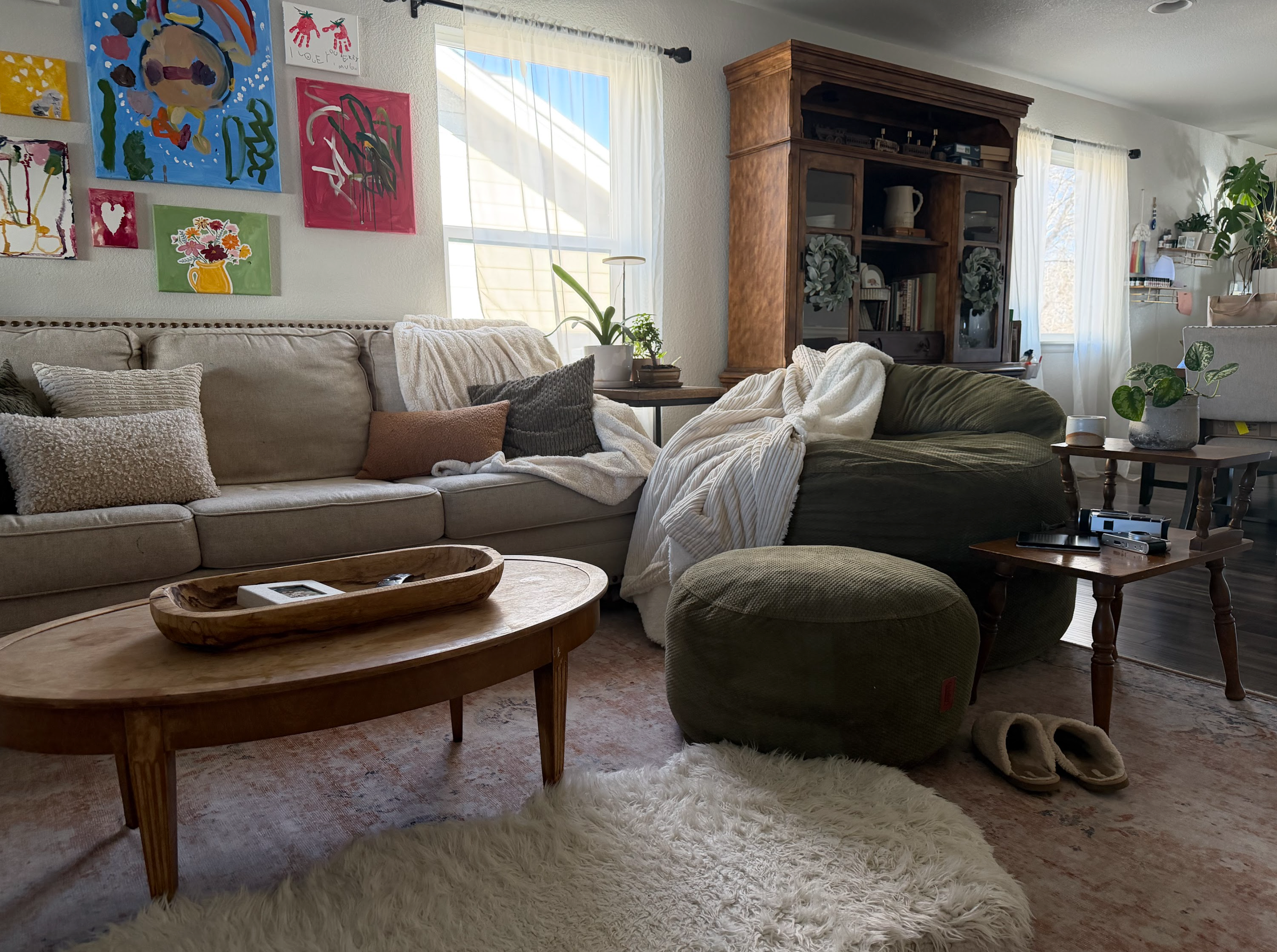 A cordaroys bean bag in a cozy living room.