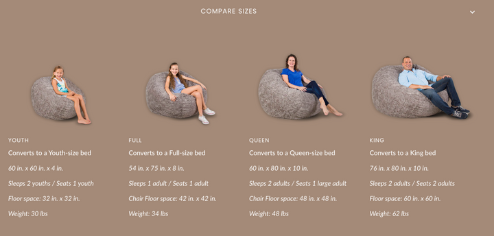 bean bag chair size guide dimensions adult child
