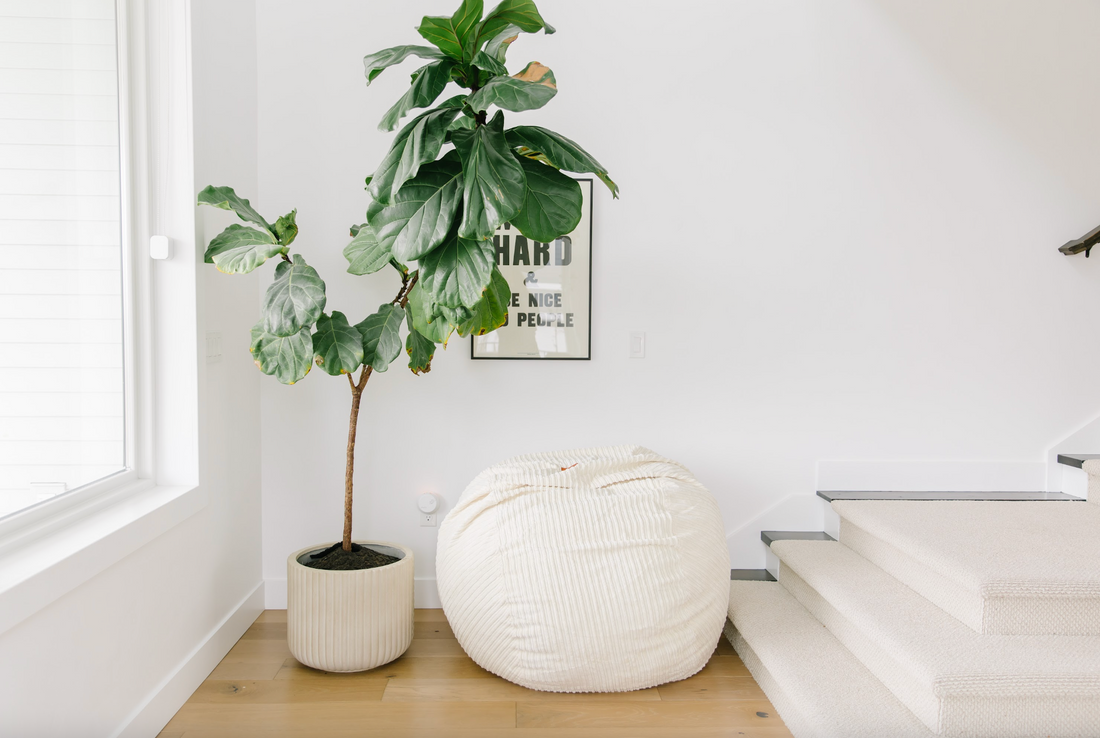 A cordaroys bean bag next to a corner in a room with stairs. 