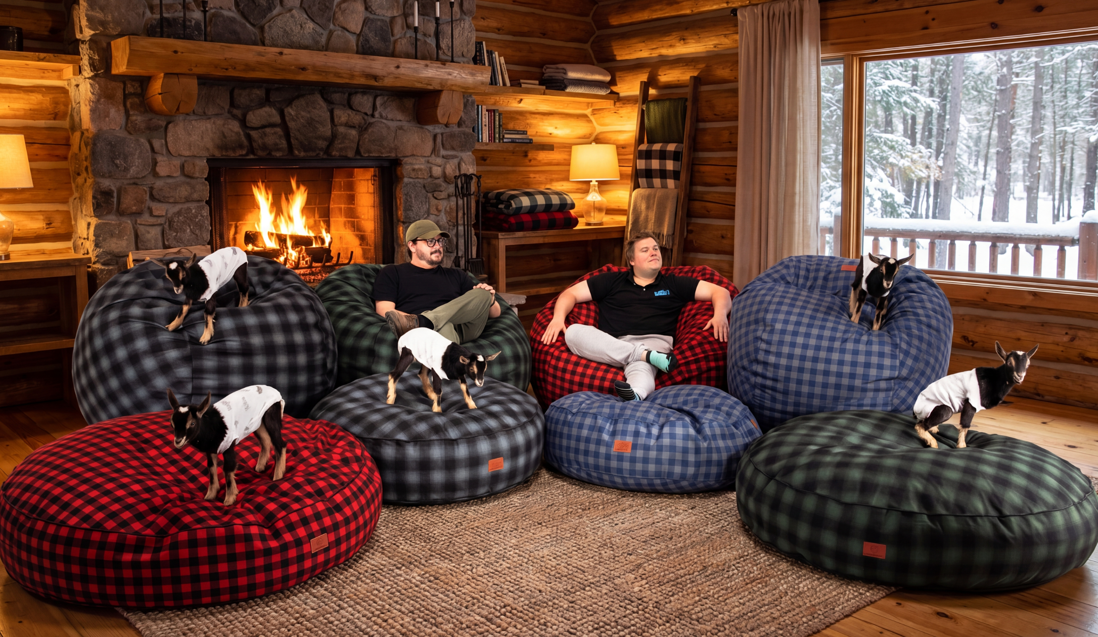 Two men sit on cordaroys bean bag in a cozy, cabin.