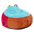 A colorful corduroy bean bag chair with a light blue top, orange front panel, and pink side panel, shown against a solid black background.