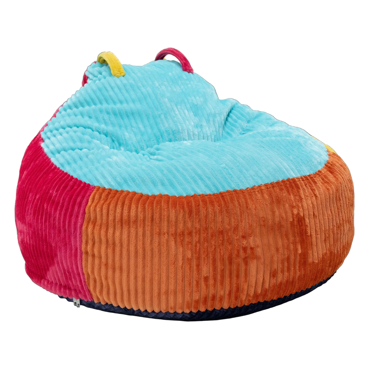 A colorful corduroy bean bag chair with a light blue top, orange front panel, and pink side panel, shown against a solid black background.