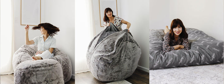 Woman demonstrates CordaRoy's three step demo, converting bean bag to bed.