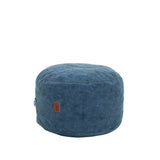 Blue ottoman with a brand tag on a white background