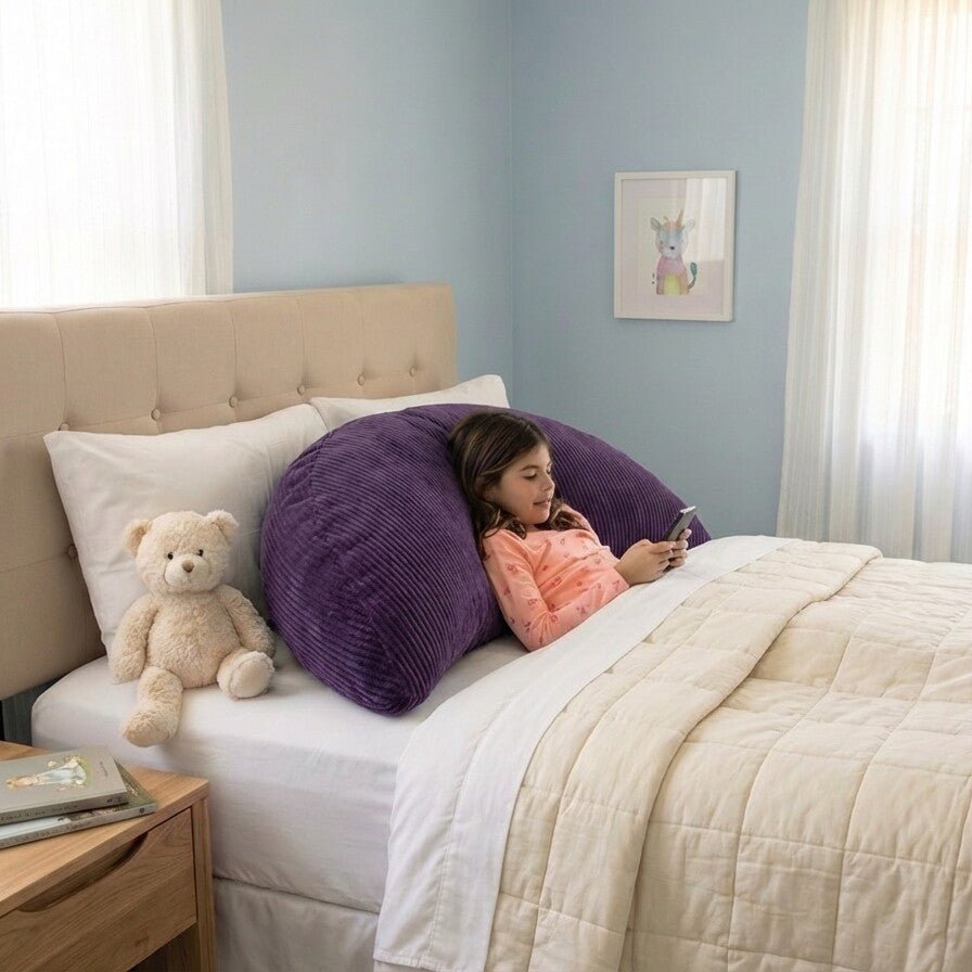 Child lying on a bed with a purple pillow, surrounded by soft toys and books in a cozy bedroom.