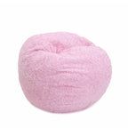 A round youth-sized bean bag chair with a plush pink faux fur cover.