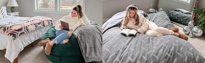 Two images showing Woman Sitting on Convertible Bean Bag and Bed