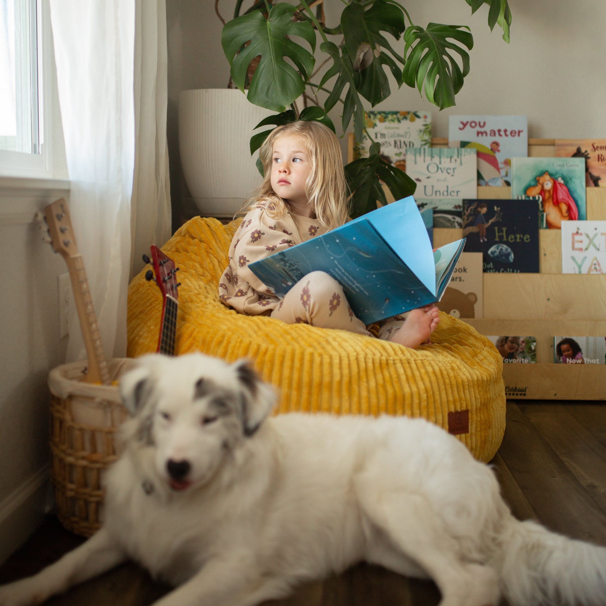 Child reading a book on a yellow bean bag with a dog lying next to them in a cozy room.