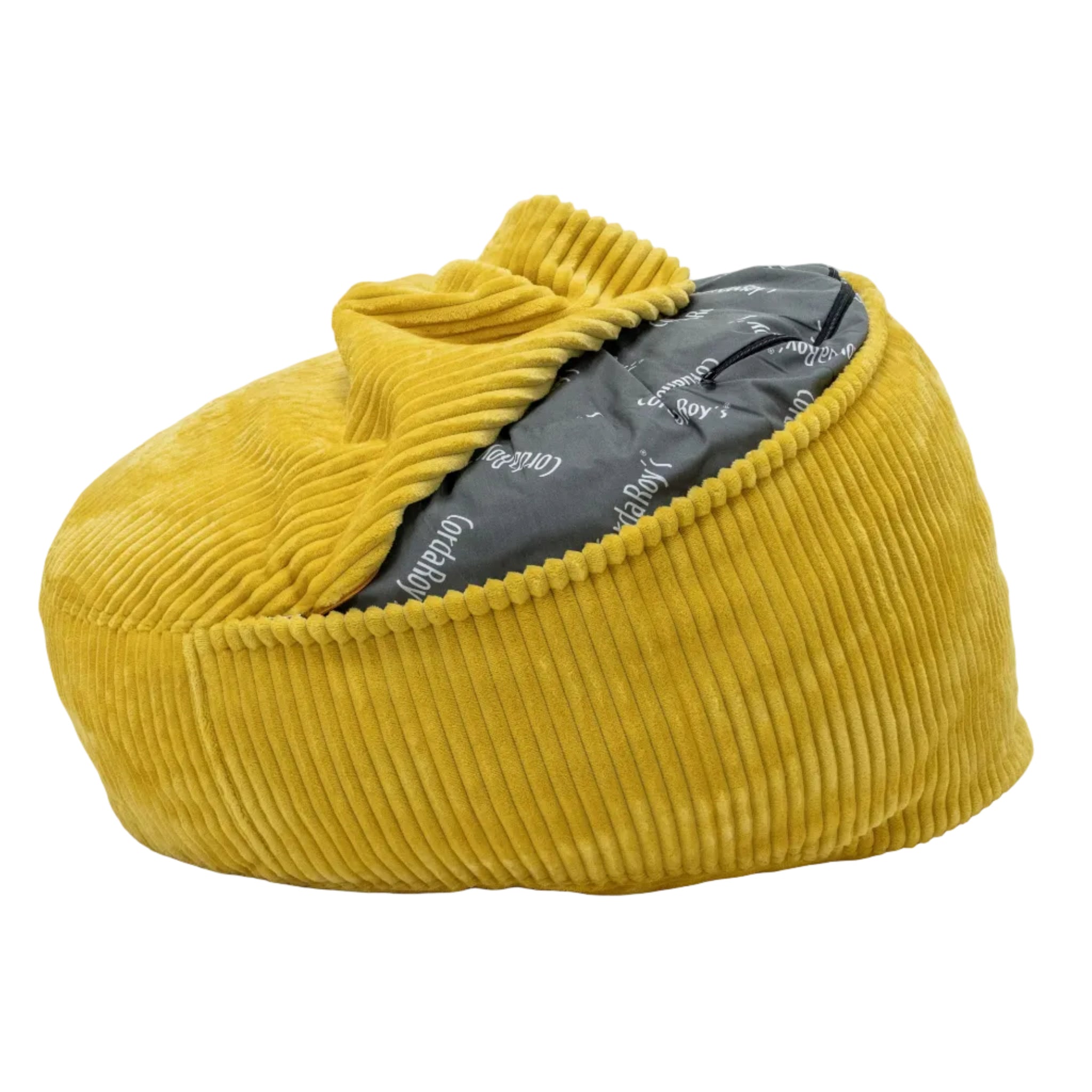 Yellow bean-shaped bean bag cover with a gray interior on a white background