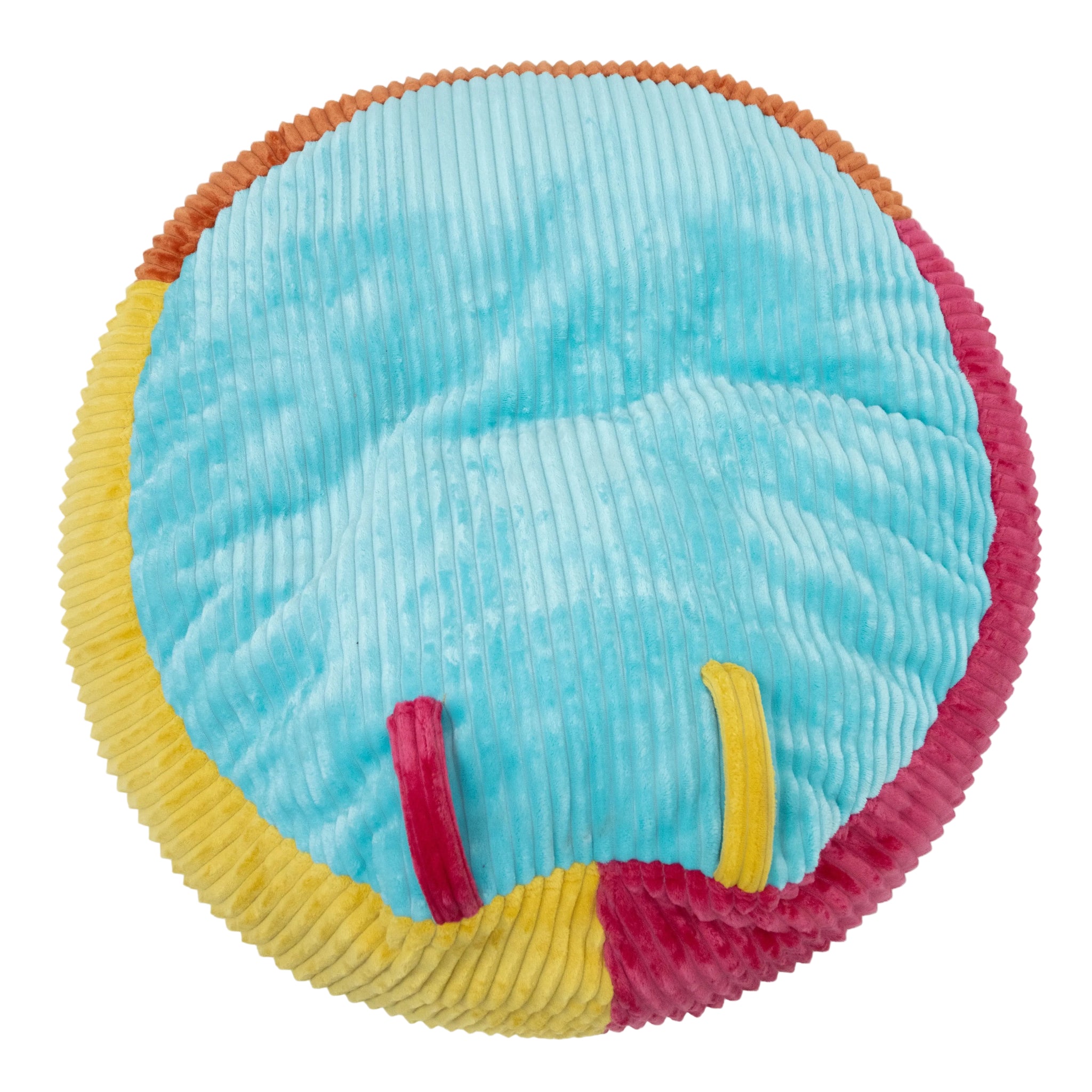 Top view of colorful textured round bean bag with blue center, yellow rim, and pink accents on a white background