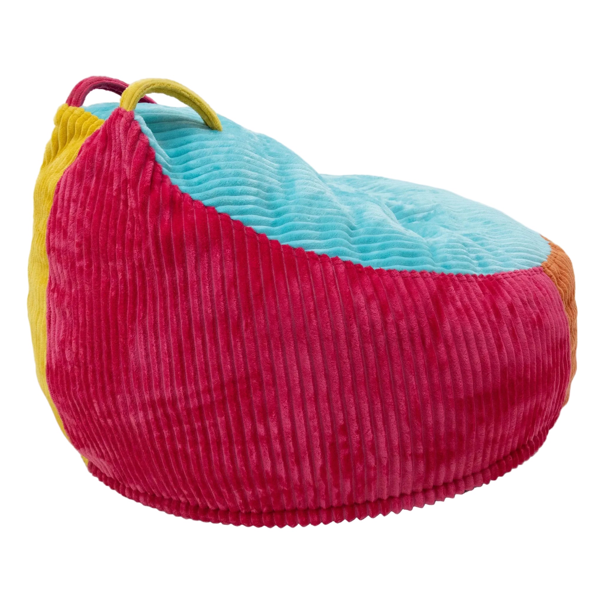 Multicolored bean bag chair with pink, blue, and yellow sections on a white background