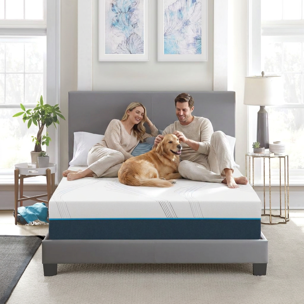 A couple relaxing on the 12-inch Cooling Memory Foam Mattress with their golden retriever
