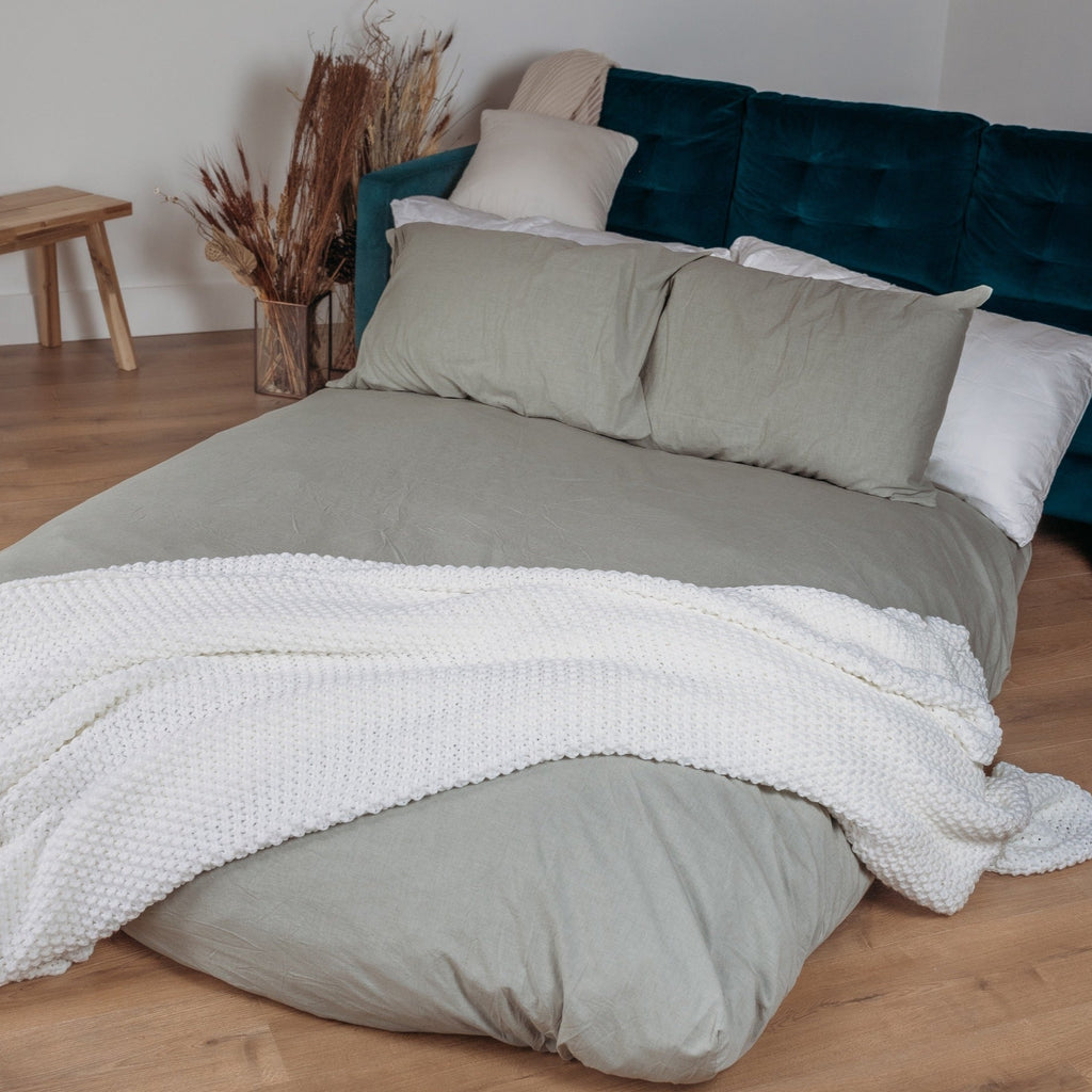 A cordaroys bean bag bed in the bed position ready for guests. 