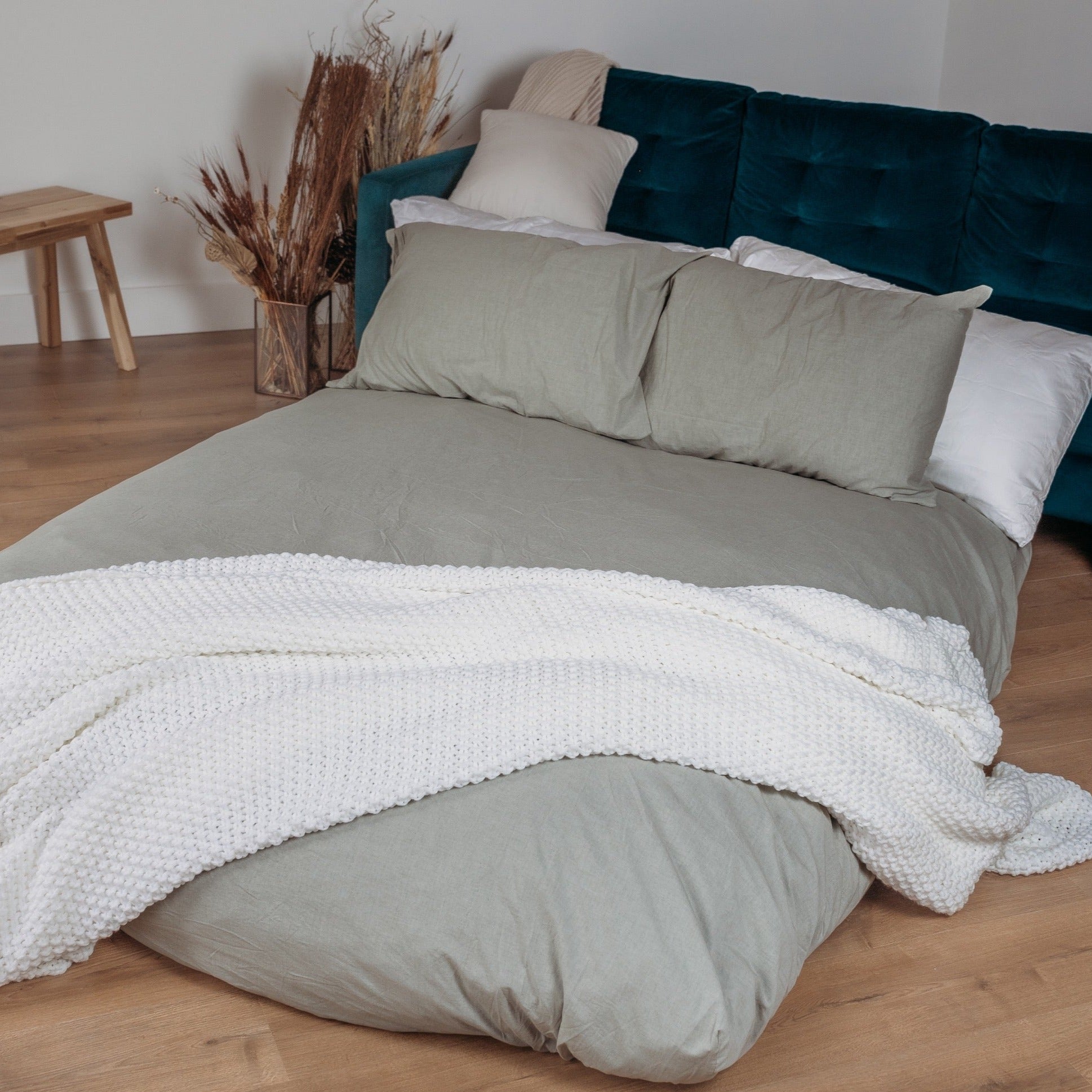 A cordaroys bean bag bed in the bed position ready for guests. 