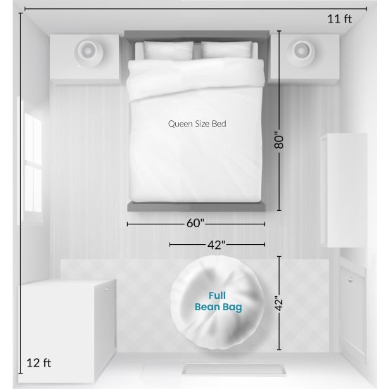 A graphic showing how large a cordaroys full bean bag is in a room. 