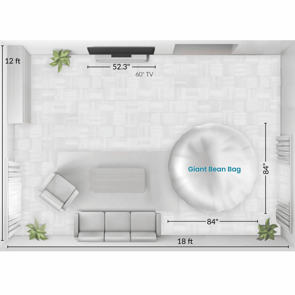 A graphic showing the size of a cordaroys giant bean bag in a room. 