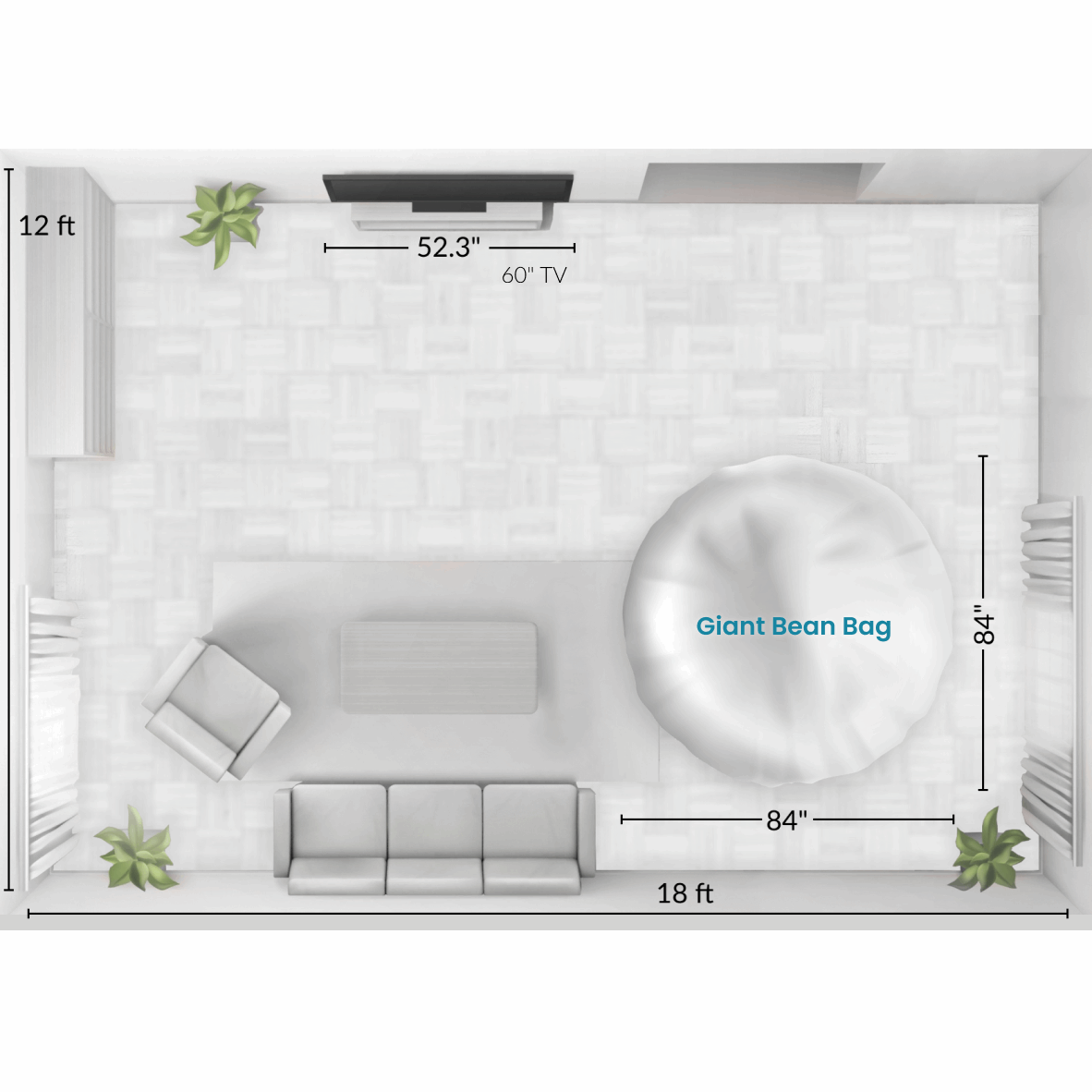 A graphic showing the size of a cordaroys giant bean bag in a room. 
