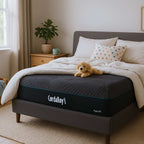 Bedroom with a bed featuring a Cordaroys hybrid mattress, white bedding, and a cute teddy bear.