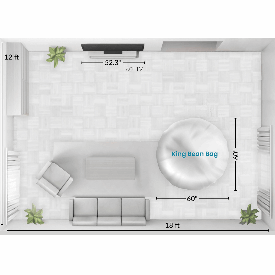 A graphic showing how large a cordaroys bean bag is in a room. 