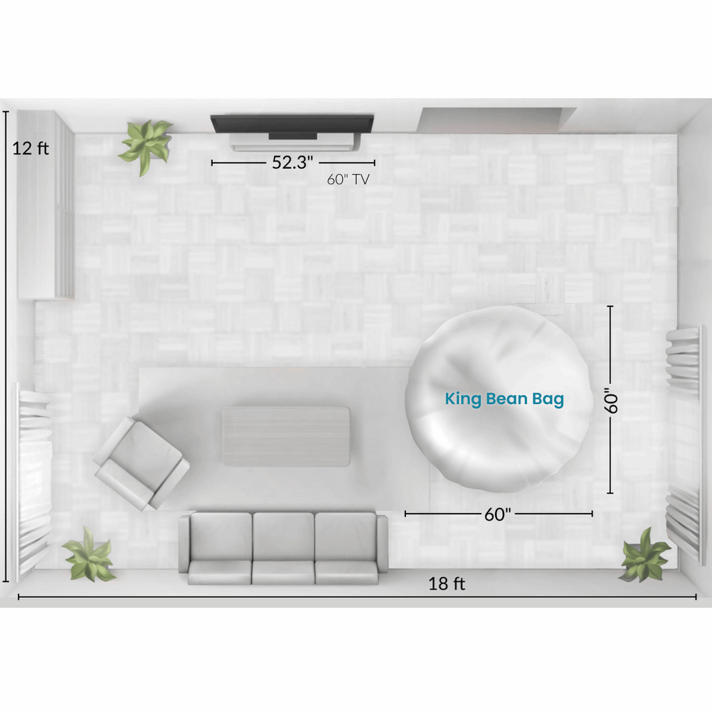 A graphic showing how large a cordaroys bean bag is in a room. 