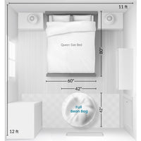 A graphic shows the size of a cordaroys giant bean bag in a room. 