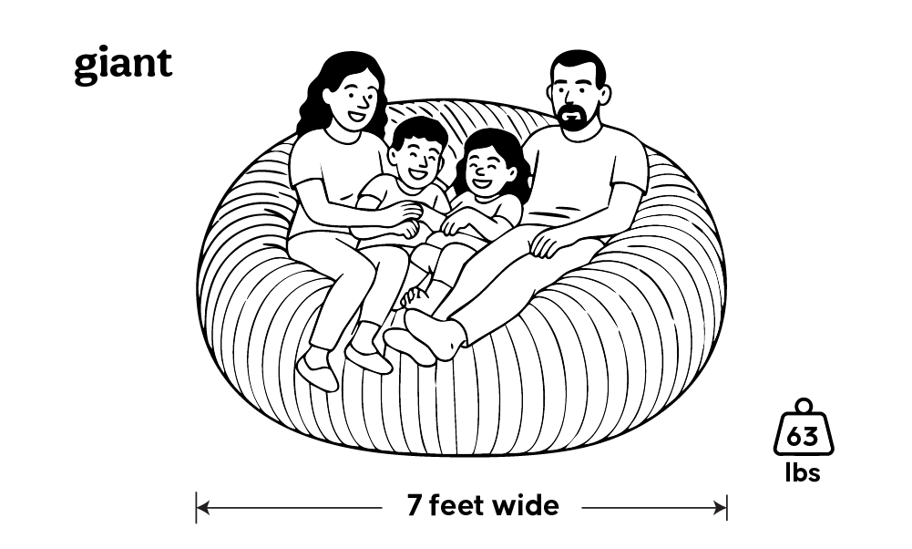 Illustration of a family sitting on a giant bean bag with dimensions and weight information.