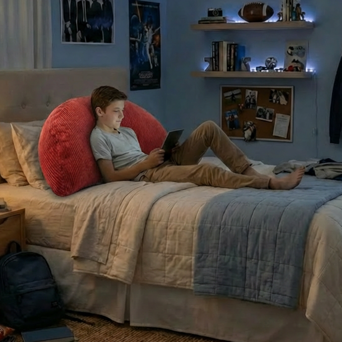 Person lying on a bed in a bedroom with a lamp and shelves in the background